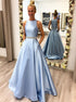 A Line Scoop Light Blue Satin Beadings Prom Dress with Pockets LBQ2292
